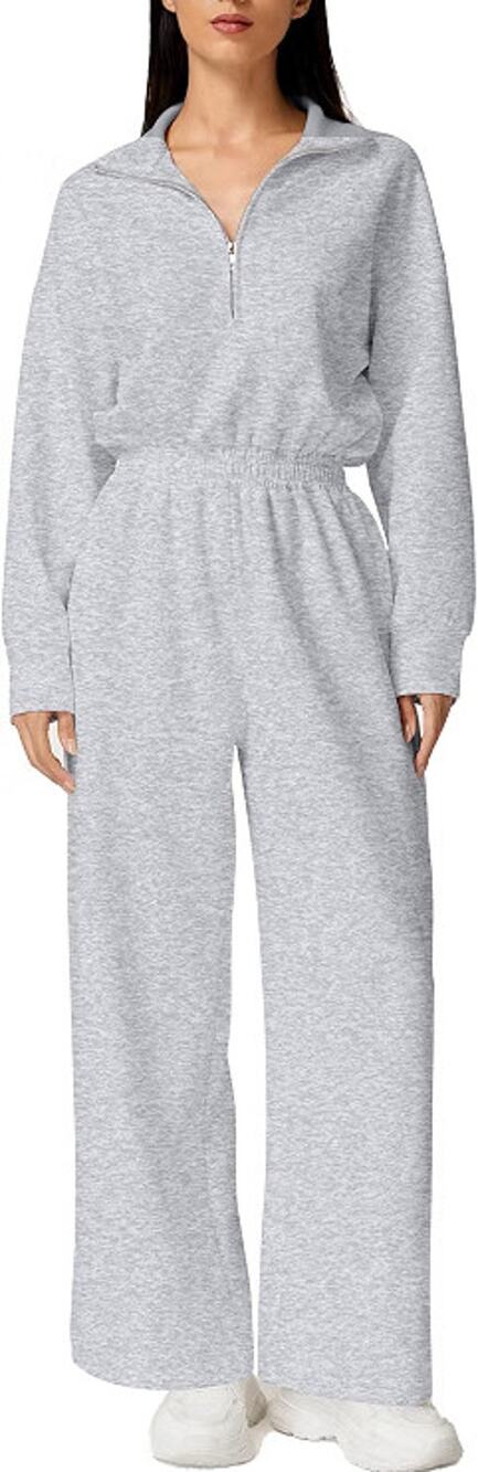 QINSEN Women AirCotton Half Zip Wide Leg Jumpsuit Pockets Grey Large New